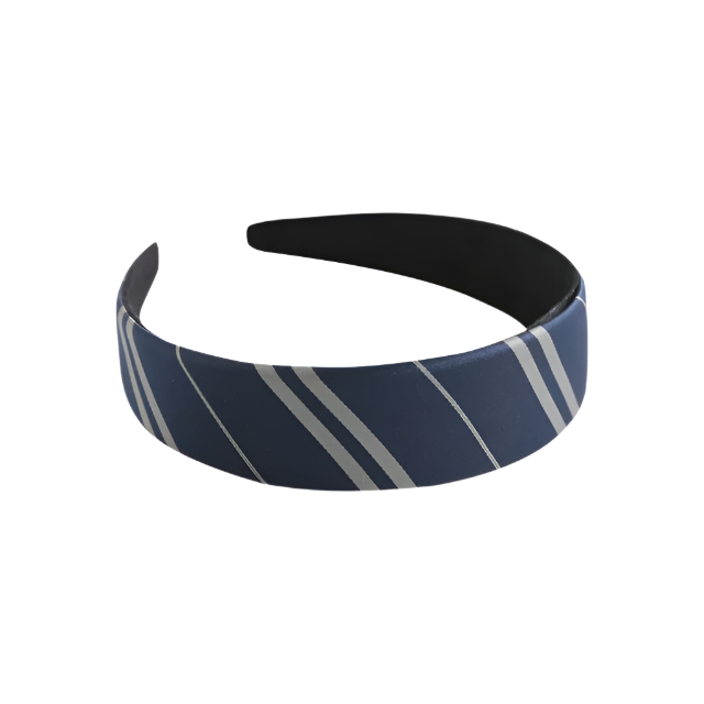 Navy blue headband with white stripes on a white background