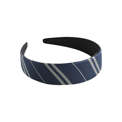 Navy blue headband with white stripes on a white background