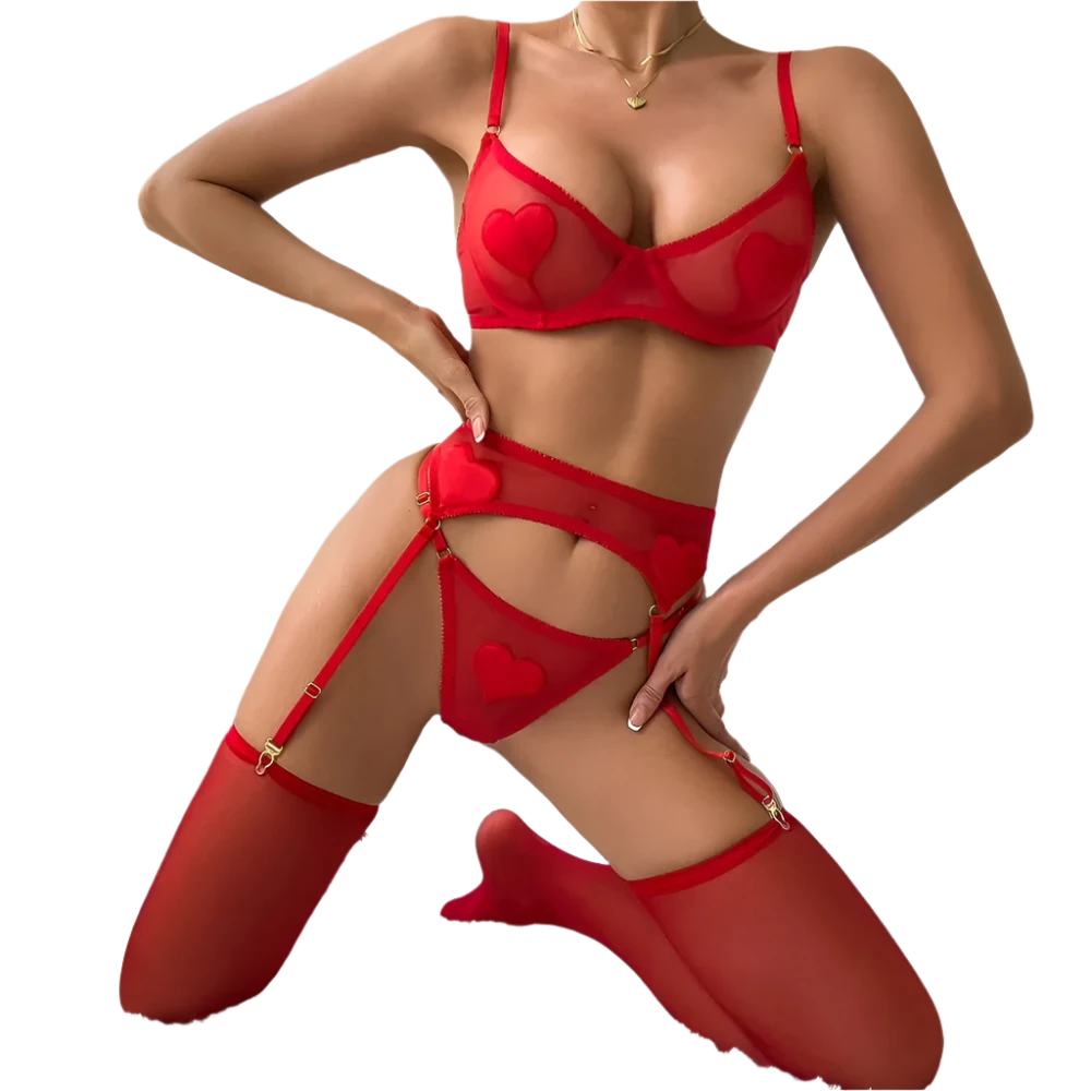 Red Heart Patchwork Lingerie 4Pcs Set