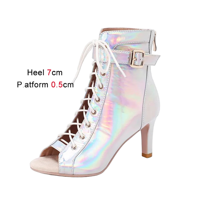 Holographic high-heeled bootie with lace-up design on a white background