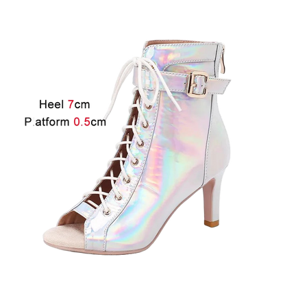 Holographic high-heeled bootie with lace-up design on a white background
