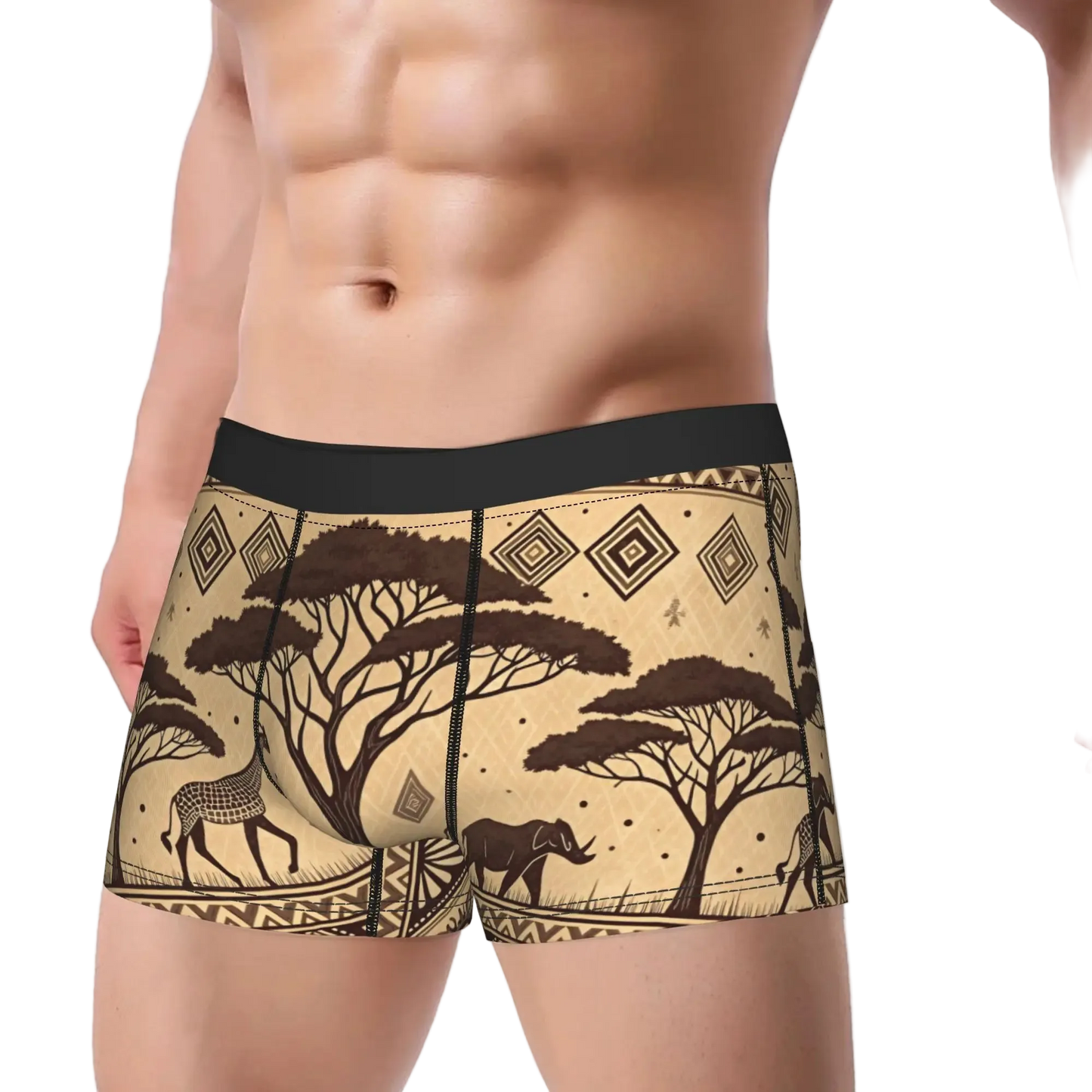 Men's boxer briefs with a beige and brown African safari print featuring acacia trees, antelopes, and a hippo, shown on a male model against a white background.