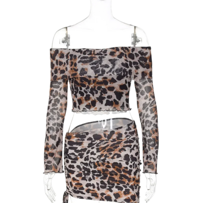 Leopard Print Off-Shoulder Set | Long Sleeve Crop Top & Mini Skirt