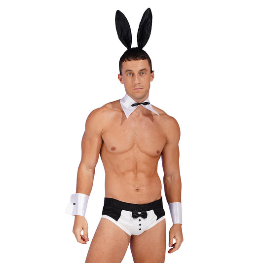 A man modeling a bunny costume set consisting of black and white bunny ears on a headband, a white collar with a black bow tie, white armbands, and white briefs with a black waistband.