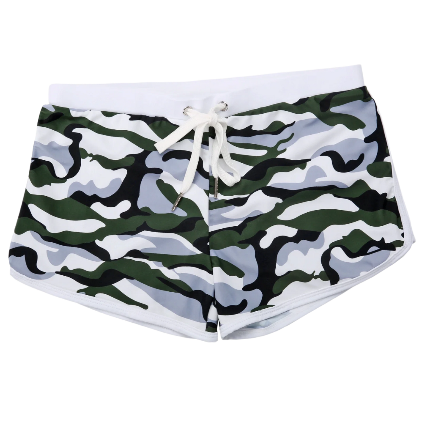 black ,white, grey camouflage swim shorts with a white waistband.