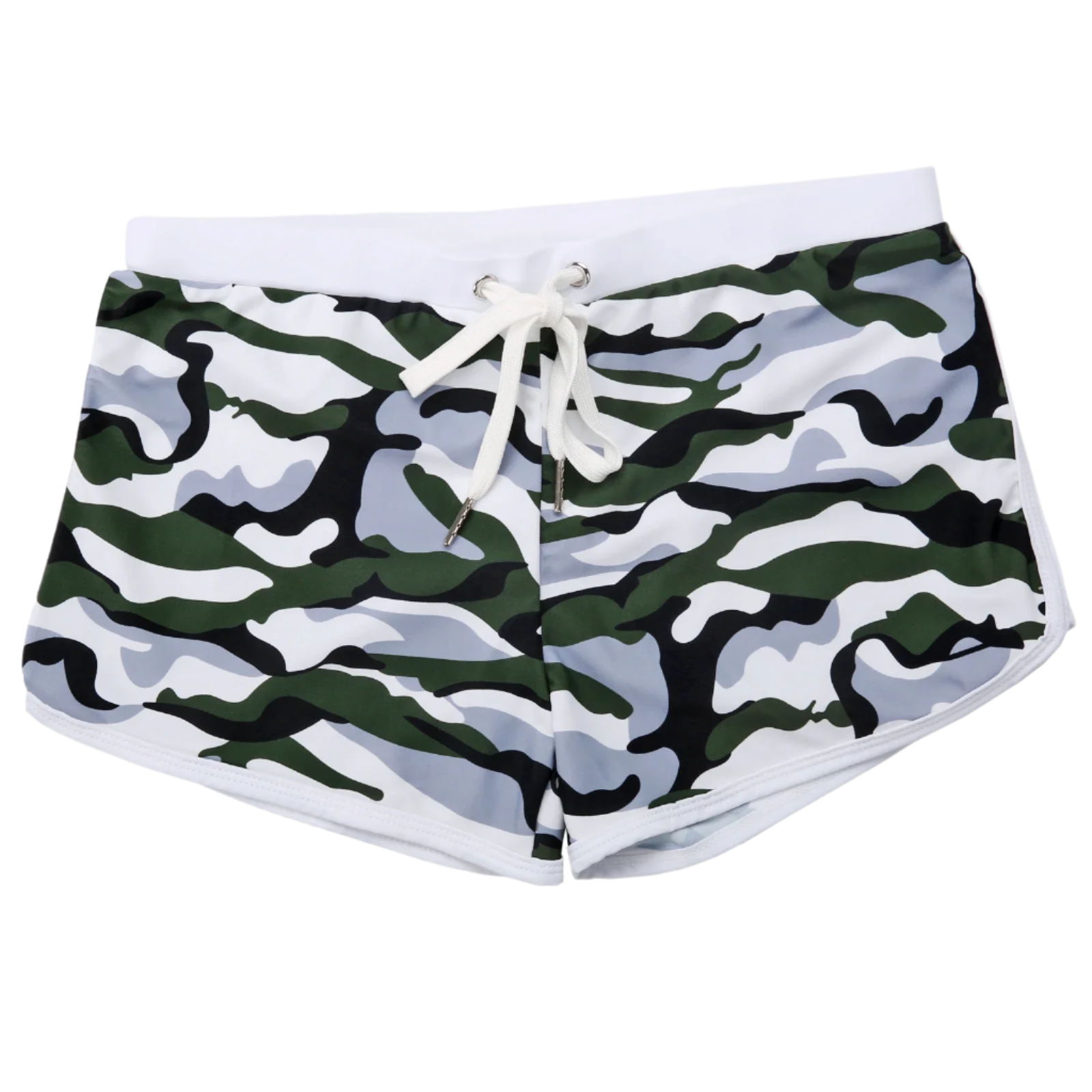 black ,white, grey camouflage swim shorts with a white waistband.