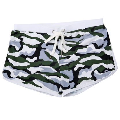 black ,white, grey camouflage swim shorts with a white waistband.