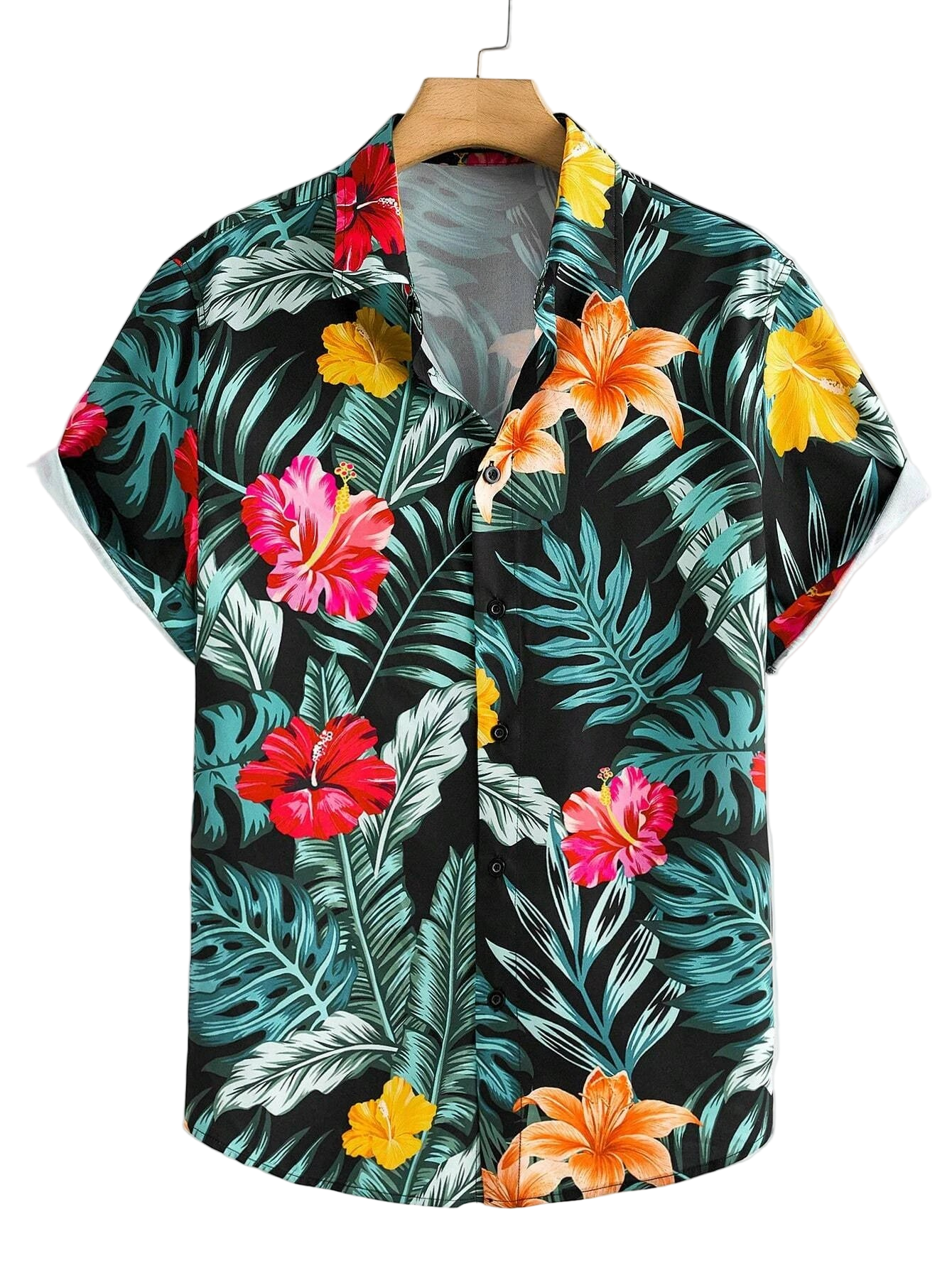 Hawaiian shirt with tropical floral pattern on a white background