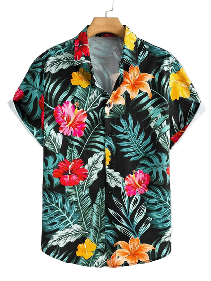 Hawaiian shirt with tropical floral pattern on a white background