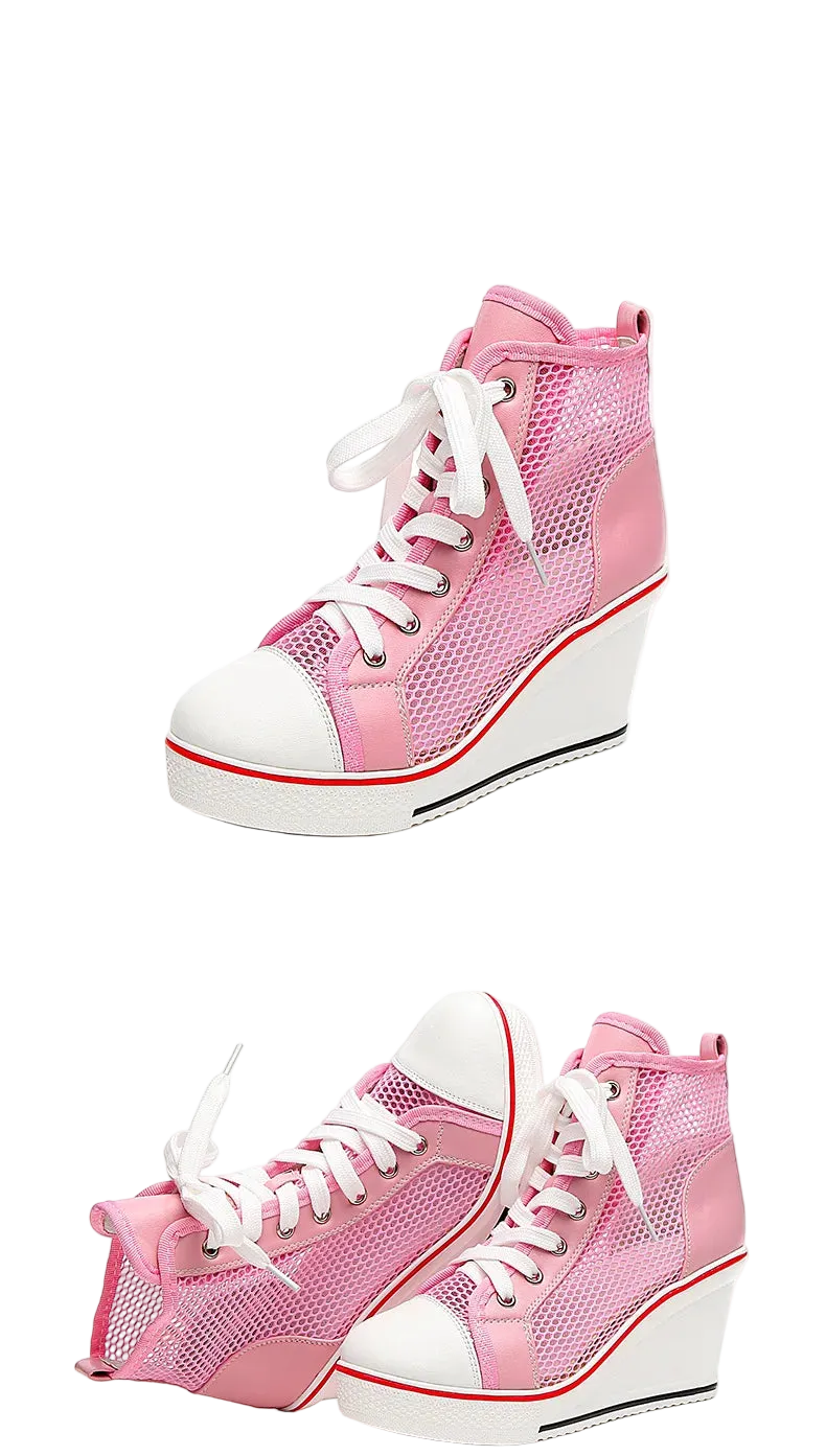 Pink high-top wedge sneakers with white laces, white rubber toe caps and heels, and a thin red stripe detail, shown in two views on a white background.