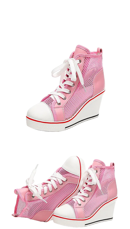Pink high-top wedge sneakers with white laces, white rubber toe caps and heels, and a thin red stripe detail, shown in two views on a white background.