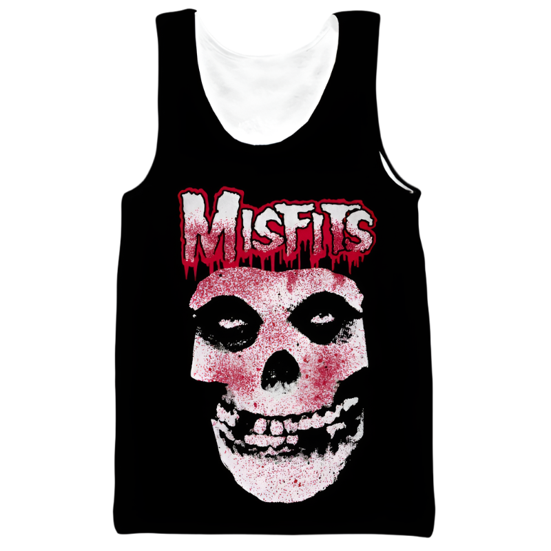 Black tank top with a pink skull design and 'Misfits' text on a white background
