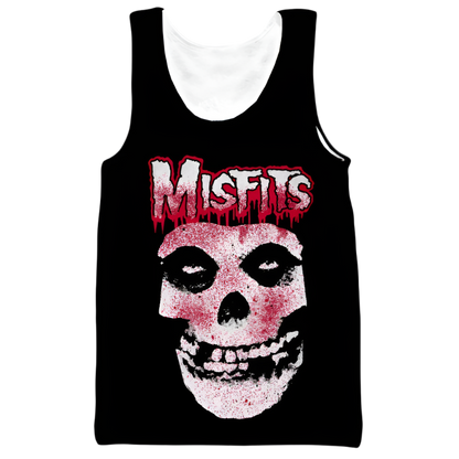 Black tank top with a pink skull design and 'Misfits' text on a white background