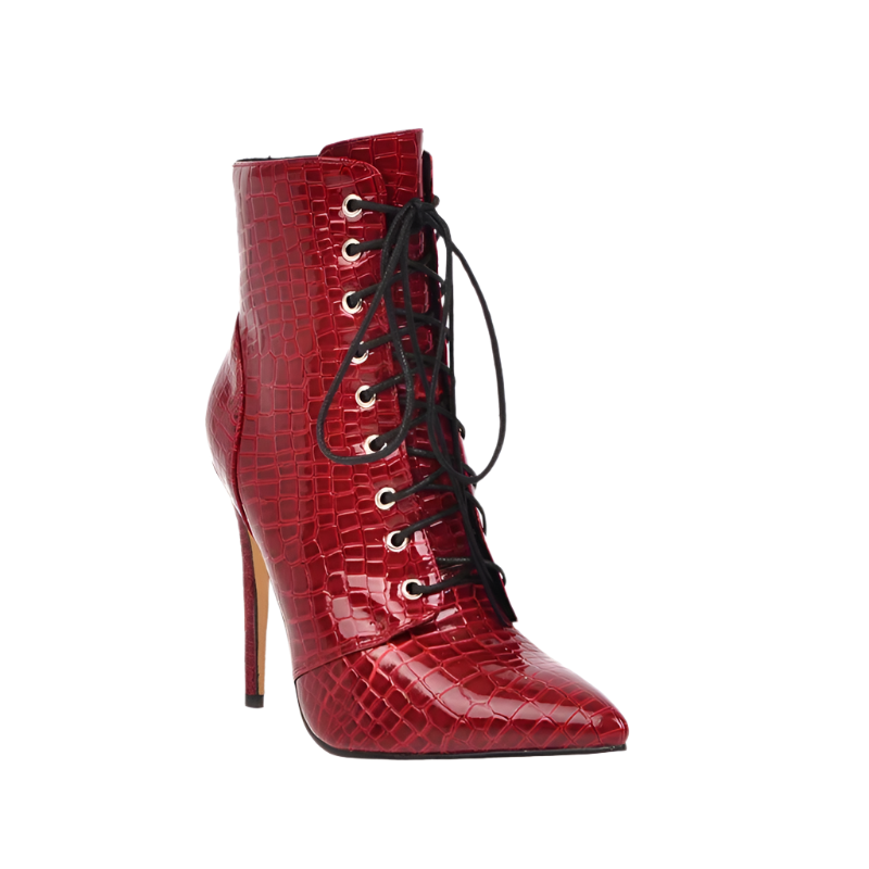 Red high-heeled lace-up boot on a white background