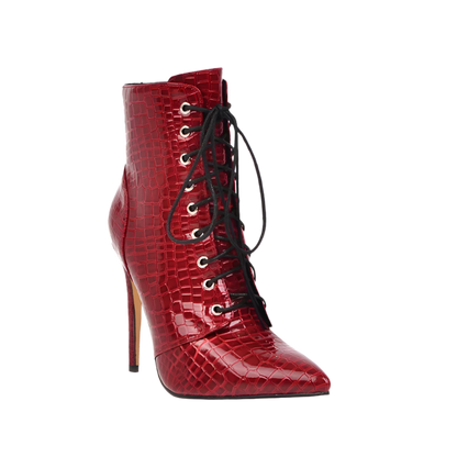 Red high-heeled lace-up boot on a white background