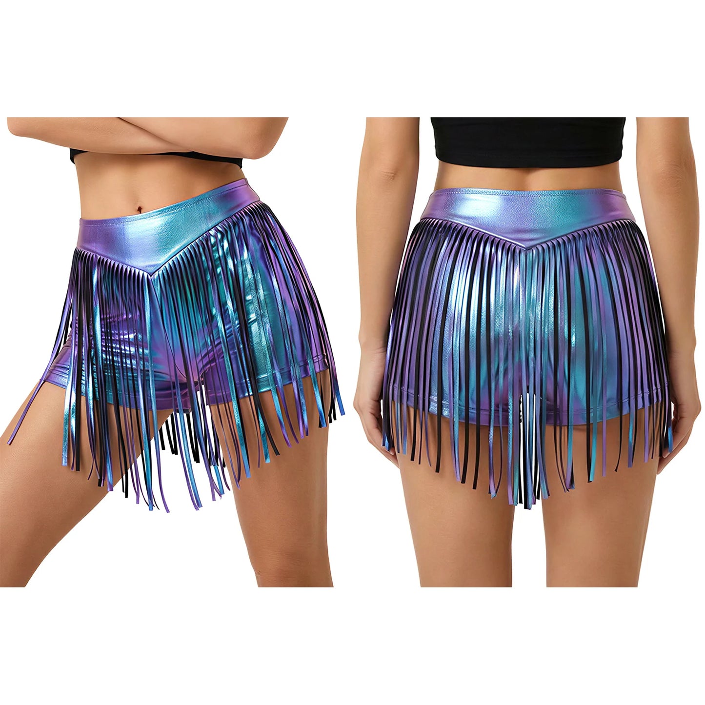 Women Iridescent Metallic Hot Pants with Fringed High Waist Tassel Skirted Shorts Cheeky Shorts Stage Dance Jazz Rock Clubwear
