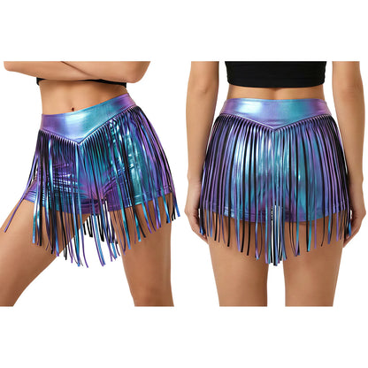 Women Iridescent Metallic Hot Pants with Fringed High Waist Tassel Skirted Shorts Cheeky Shorts Stage Dance Jazz Rock Clubwear