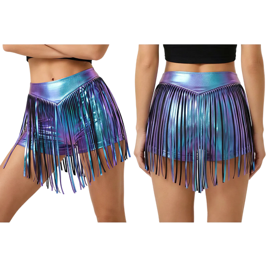 Two views of a model wearing a shiny metallic fringe mini skirt. The skirt has an iridescent finish shifting between purple, blue, and teal, with a matching metallic waistband.