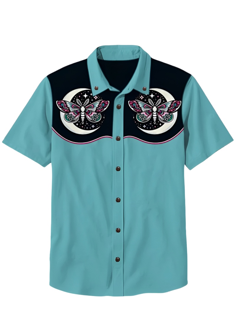 Retro men's denim Hawaiian shirt with 3D ethnic academy casual short sleeved lapel button Y2K streetwear design for resort entertainment