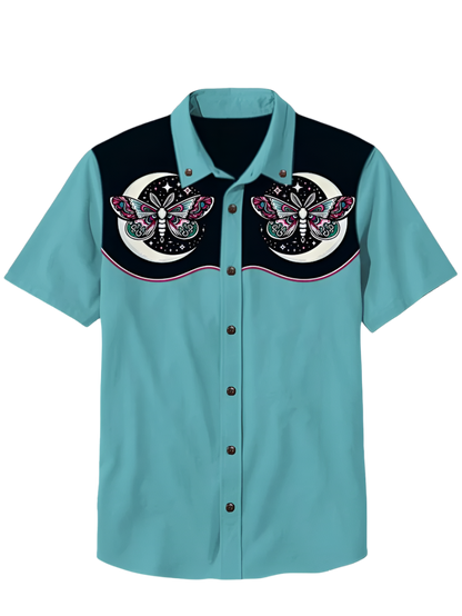 Retro men's denim Hawaiian shirt with 3D ethnic academy casual short sleeved lapel button Y2K streetwear design for resort entertainment