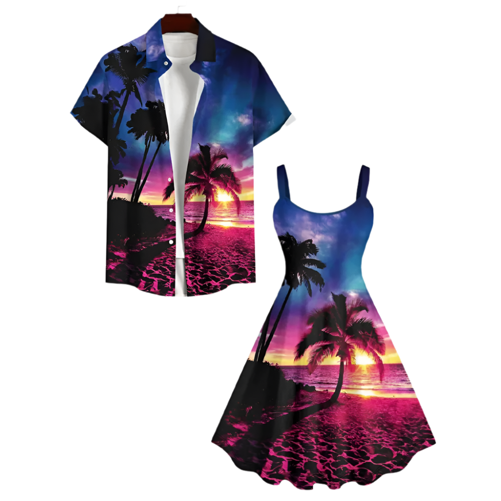 Coconut Tree Sea Beach Dusk Sun Ombre Sky Print Plus Size Matching Hawaii Beach Outfit For Couples