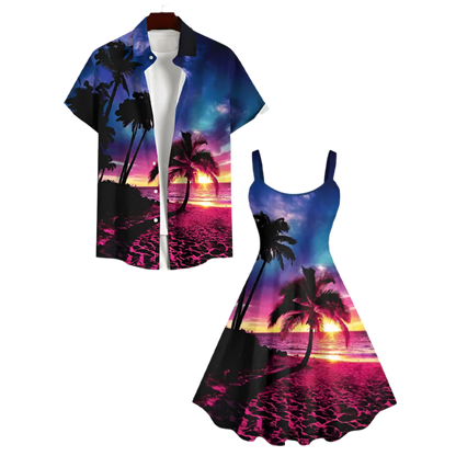 Coconut Tree Sea Beach Dusk Sun Ombre Sky Print Plus Size Matching Hawaii Beach Outfit For Couples