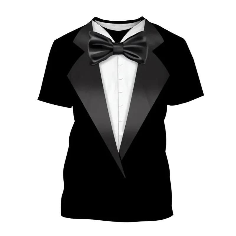 A black short-sleeve t-shirt printed with a tuxedo design, featuring a white shirt, black satin lapels, and a black bow tie. The word 'Green' is written in green text in the top-left corner, likely indicating a color variant.