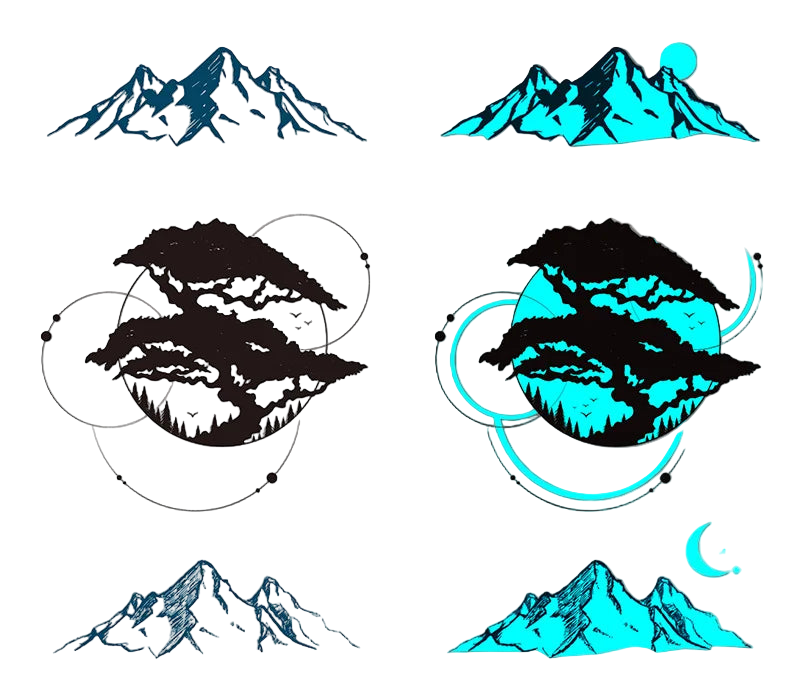Set of mountain designs in black and blue on a white and gray background