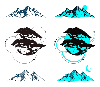 Set of mountain designs in black and blue on a white and gray background