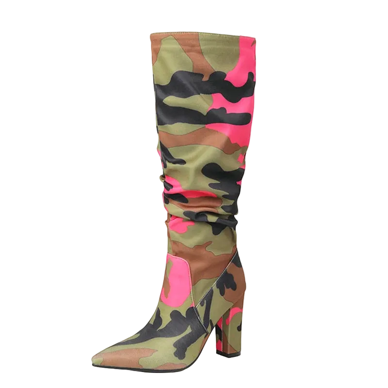 A single knee-high heeled boot with a camouflage pattern in olive green, brown, black, and bright pink, shown on a white background