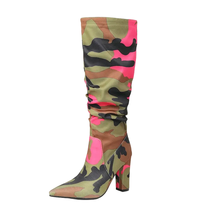 A single knee-high heeled boot with a camouflage pattern in olive green, brown, black, and bright pink, shown on a white background