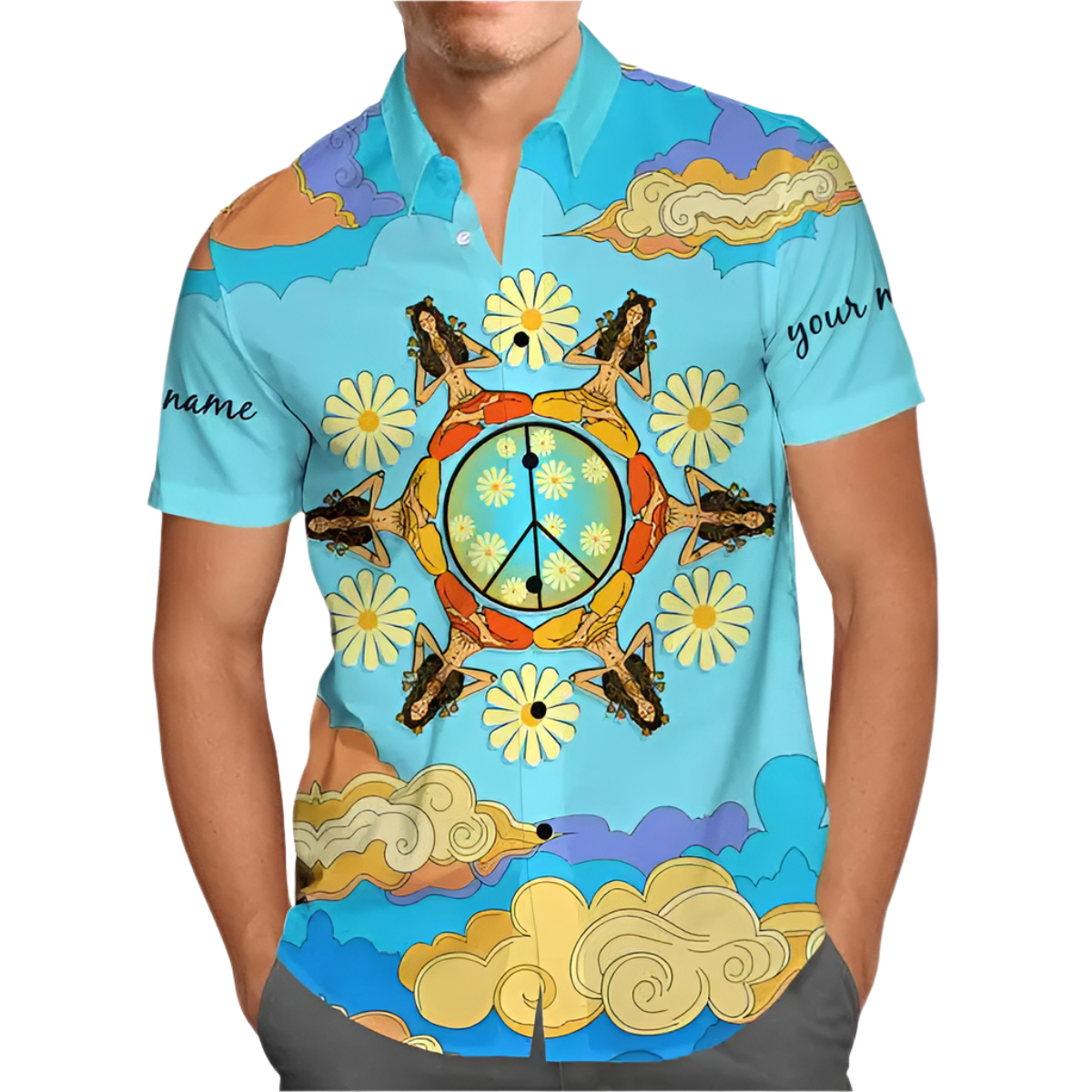 hippie girl sunflower 3D Hawaiian shirt in oversized 5XL sizing for inclusive resort summer fashion