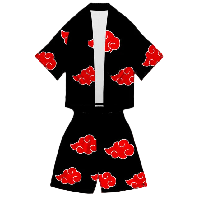 Black outfit with red cloud patterns on a white background