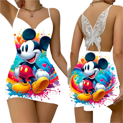 a colorful dress featuring a vibrant galaxy pattern with shades of blue, pink, and purple. The front of the dress has a playful design with a cartoon character covering its eyes. The back of the dress is open, showcasing a delicate lace butterfly detail. The dress has thin straps and a form-fitting silhouette.