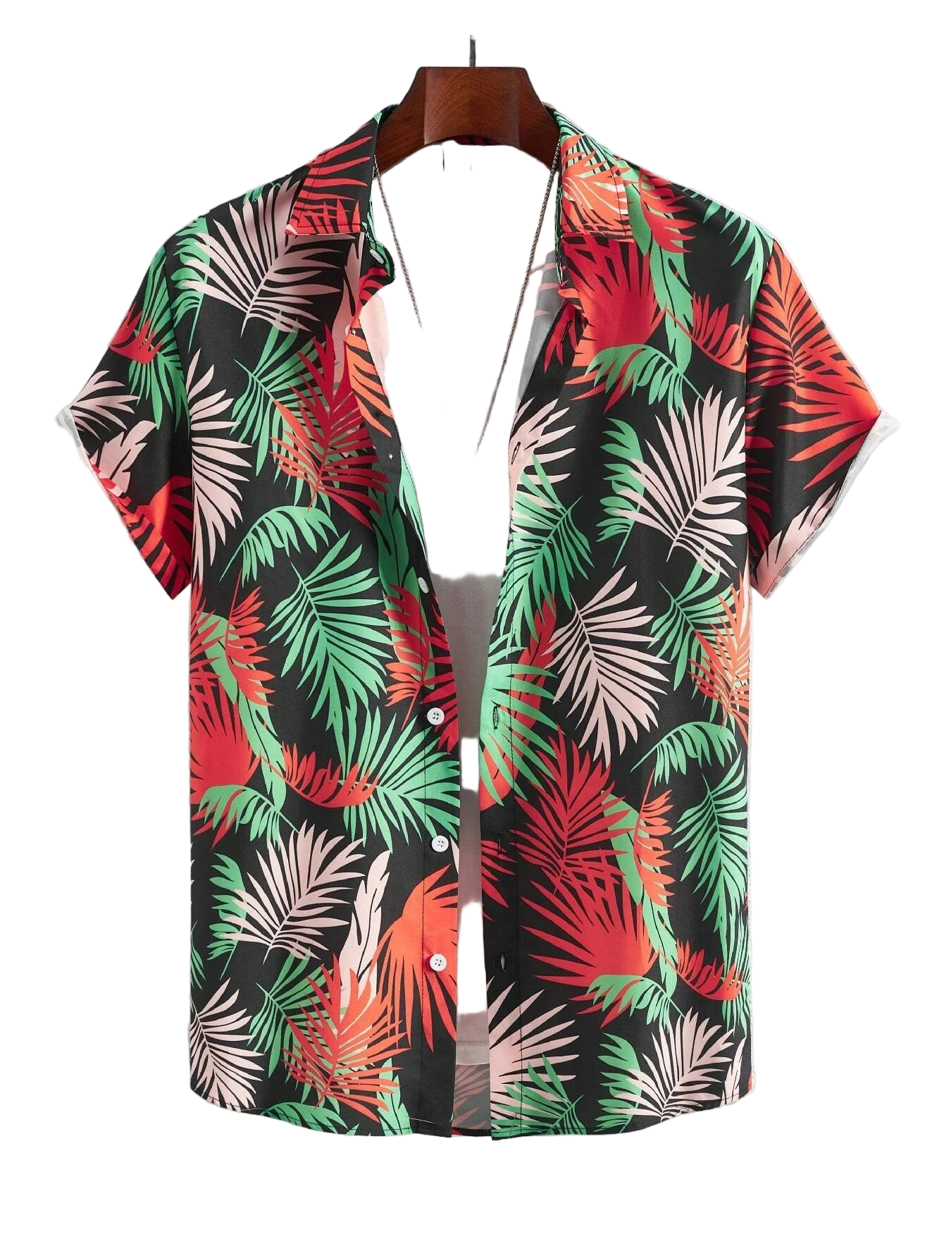 Tropical leaf patterned shirt on a hanger against a white background