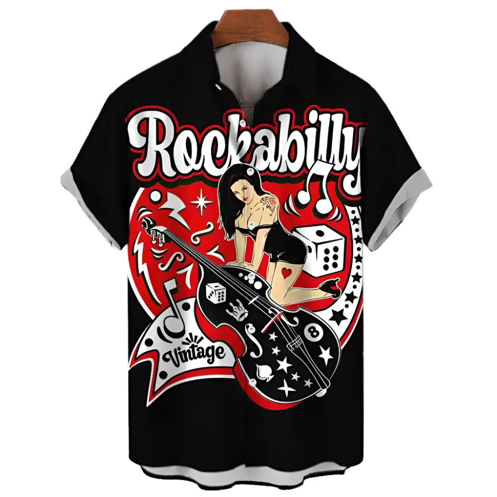 Black shirt with 'Rockabilly Vintage' design featuring a guitar and pin-up girl on a white background.