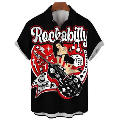 Black shirt with 'Rockabilly Vintage' design featuring a guitar and pin-up girl on a white background.
