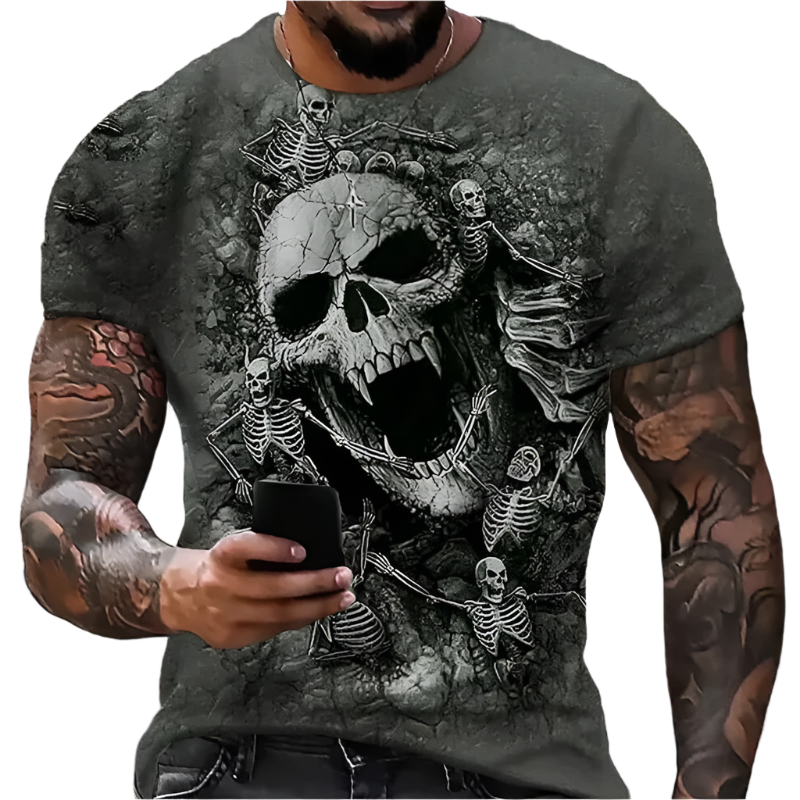 Person wearing a t-shirt with a skull and skeleton design, standing in an urban setting.