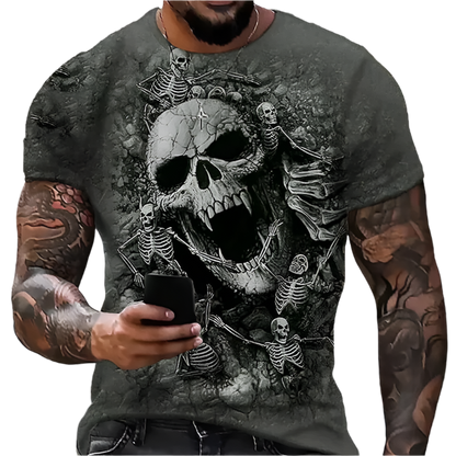 Person wearing a t-shirt with a skull and skeleton design, standing in an urban setting.