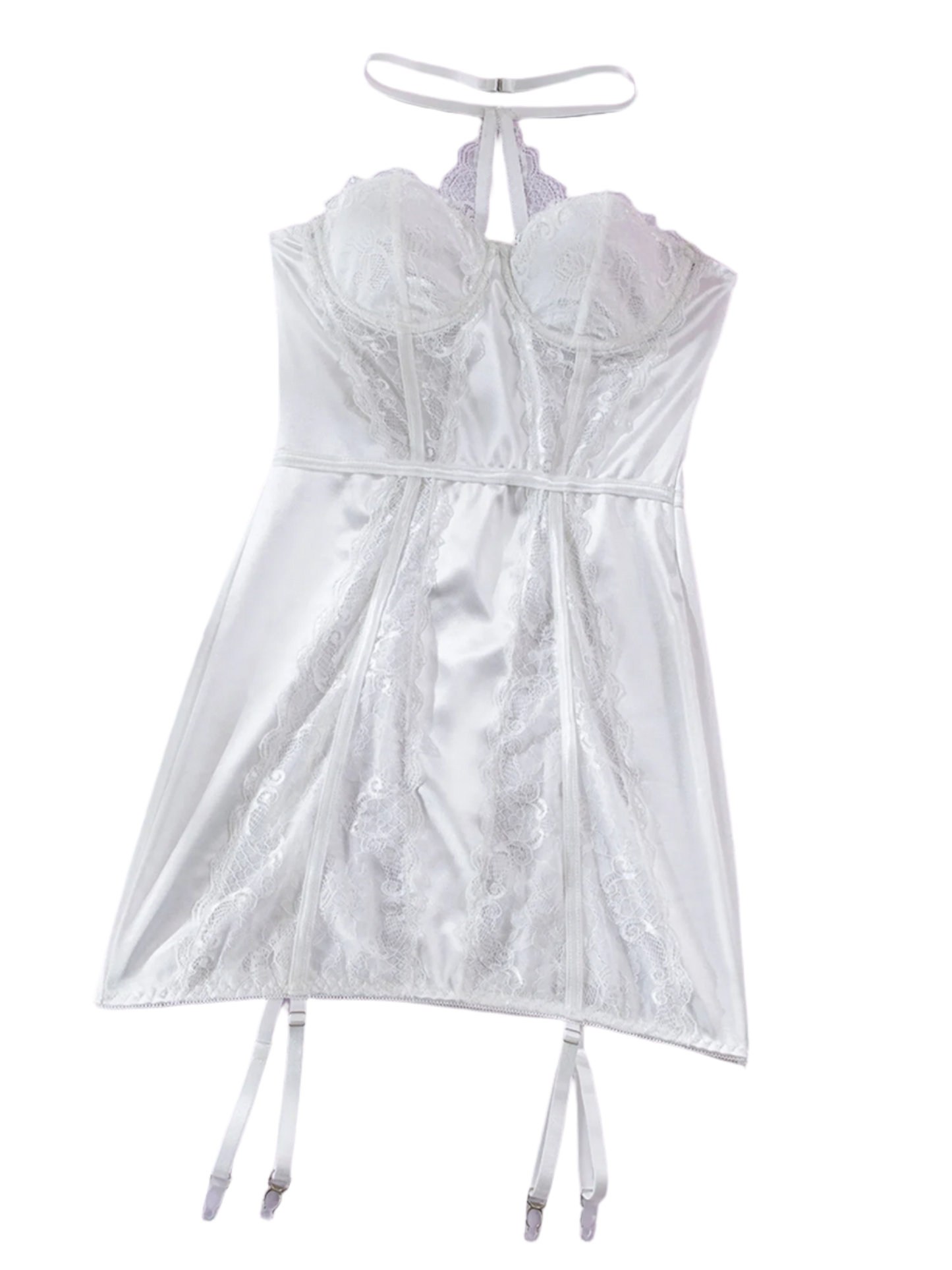 A white lace and satin dress with a strapless design. It features sheer lace panels and a fitted silhouette, offering an elegant and sophisticated look.