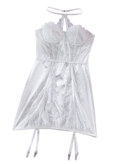 A white lace and satin dress with a strapless design. It features sheer lace panels and a fitted silhouette, offering an elegant and sophisticated look.