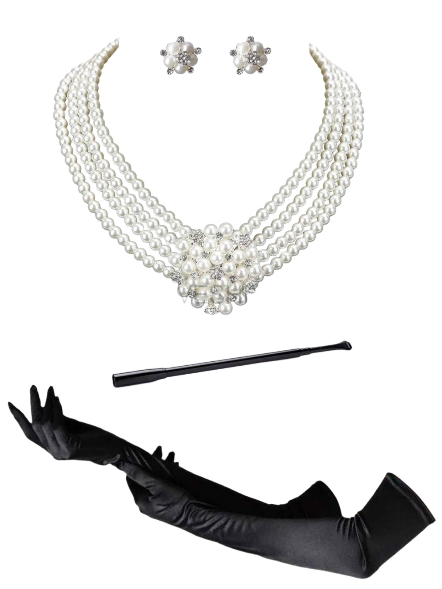 Complete Audrey Hepburn inspired accessory set with pearl necklace, earrings, gloves and cigarette holder for resort theme nights

