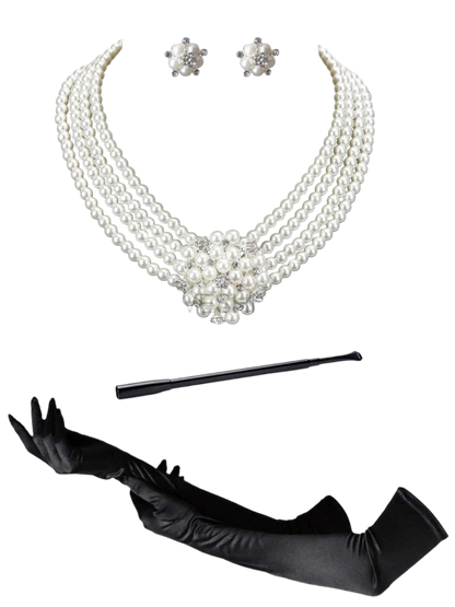 Complete Audrey Hepburn inspired accessory set with pearl necklace, earrings, gloves and cigarette holder for resort theme nights

