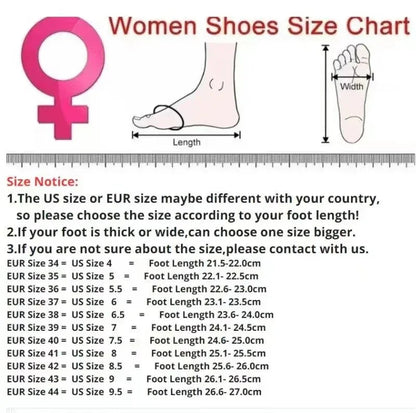 Women's shoe size chart with foot measurement guide and size conversion information.