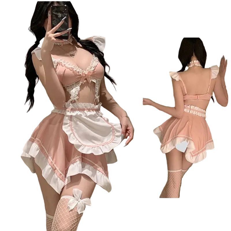 A two-panel mirror selfie showing a woman modeling a pink and white frilly lingerie-style outfit. The left panel shows the front view, and the right panel shows the back view.