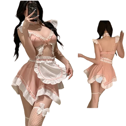 A two-panel mirror selfie showing a woman modeling a pink and white frilly lingerie-style outfit. The left panel shows the front view, and the right panel shows the back view.