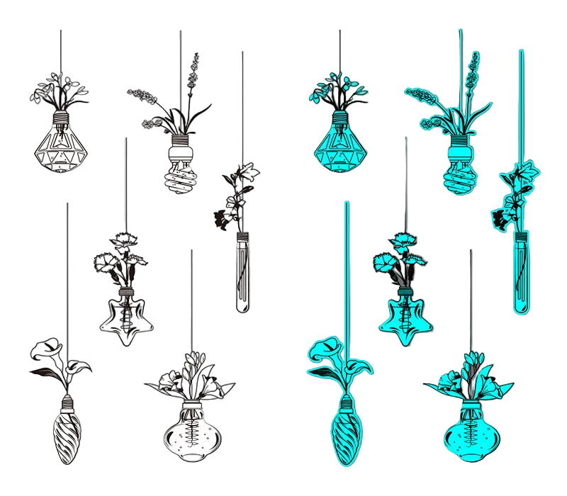 Two sheets of decorative stickers with plant and vase designs on a white and gray background.