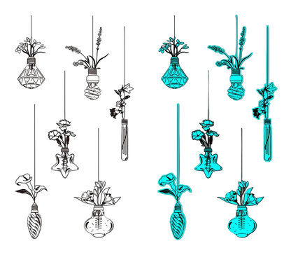 Two sheets of decorative stickers with plant and vase designs on a white and gray background.