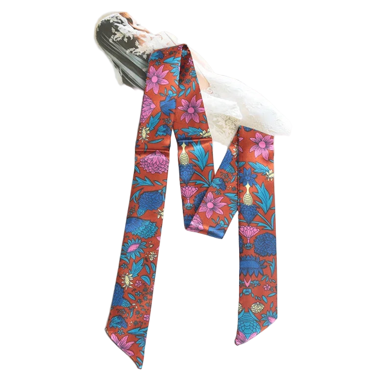 Colorful floral-patterned tie on a white background