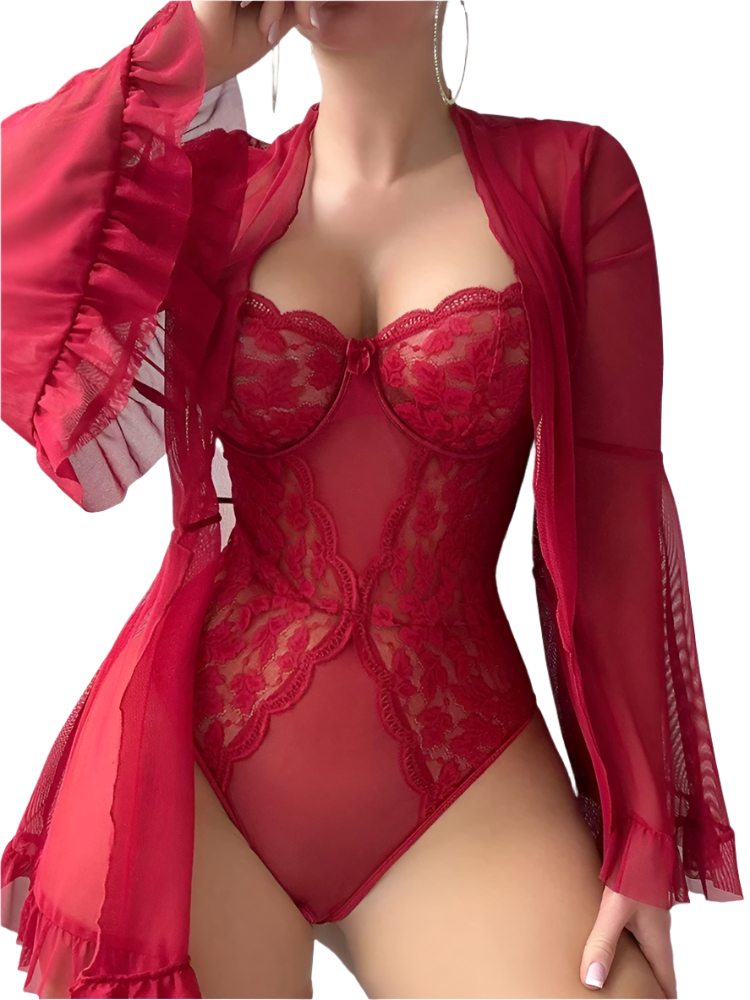 Person wearing a red lace lingerie set with a matching robe against a neutral background
